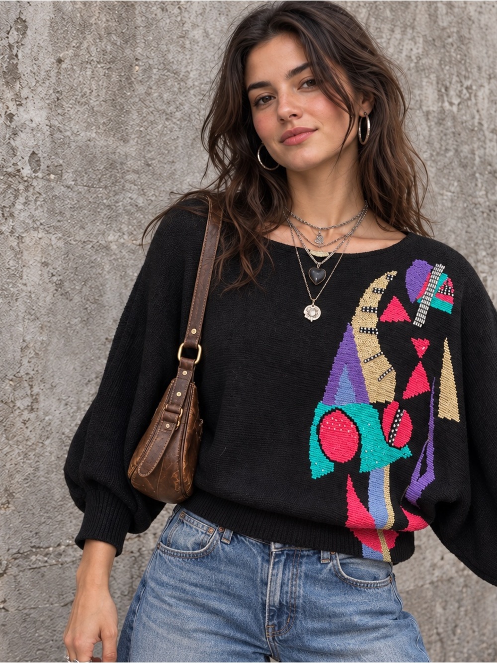 Vintage 80s Bonnie & Bill Beaded Abstract Batwing Sweater M